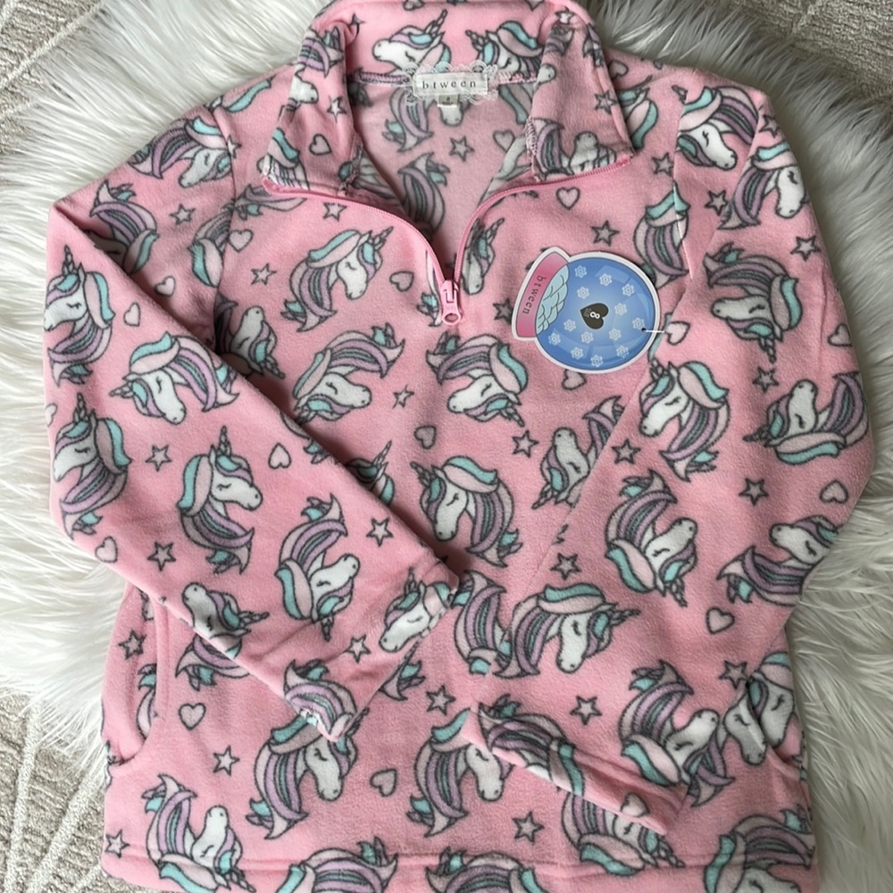 NWT Girls Unicorn Fleece 3/4 Zip Sweater by btween, size 8